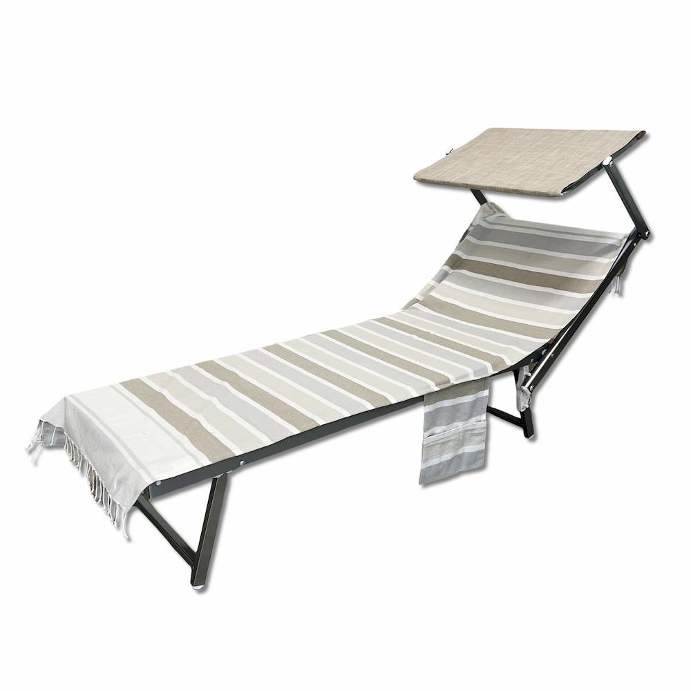 Telo Mare Per Lettino In Cotone 75x195 Cm - Beige, Con Tasche E Cuscino, Certificato OEKO-TEX, Sacco Incluso