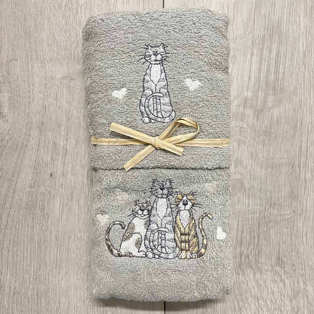 Coppia asciugamani Gatti ricamati grigio