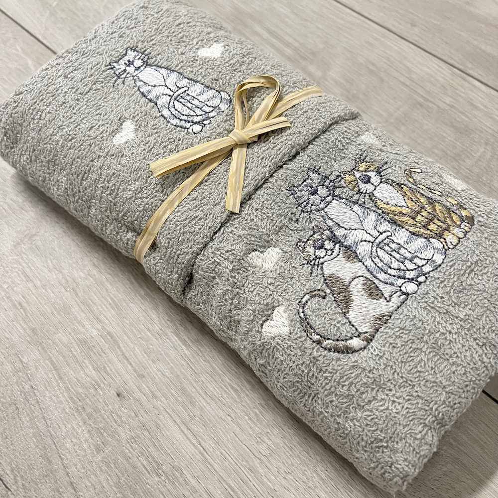 Coppia asciugamani Gatti ricamati grigio