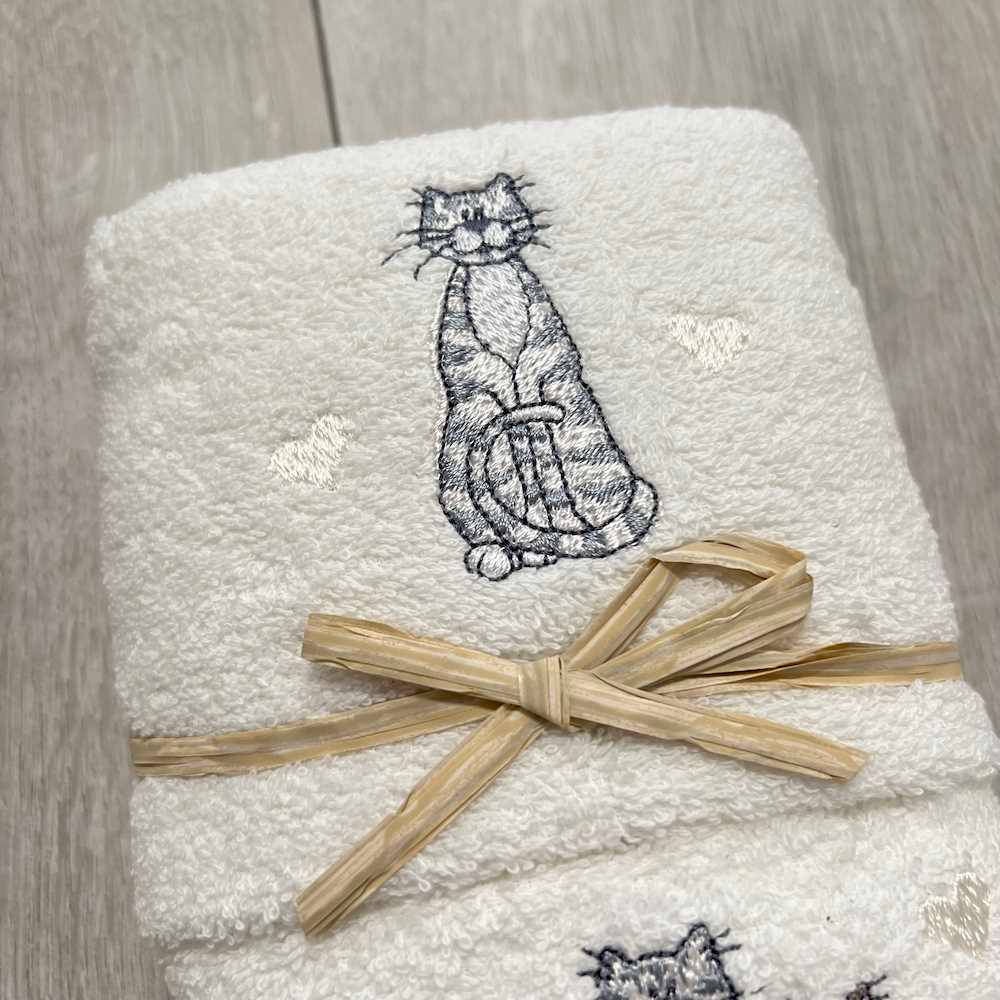 Coppia asciugamani Gatti ricamati bianchi