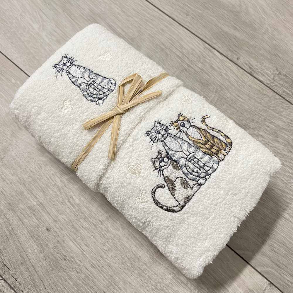 Coppia asciugamani Gatti ricamati bianchi