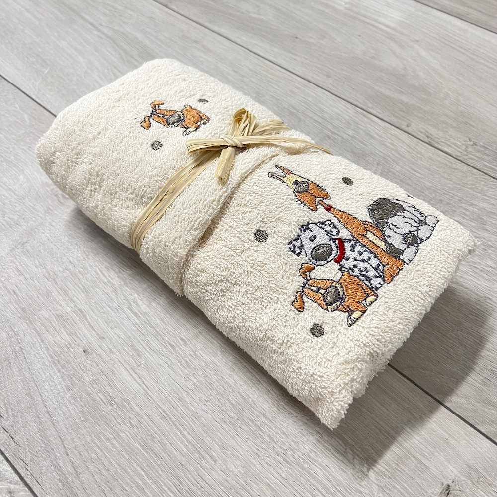 Coppia asciugamani cagnolini ricamati panna