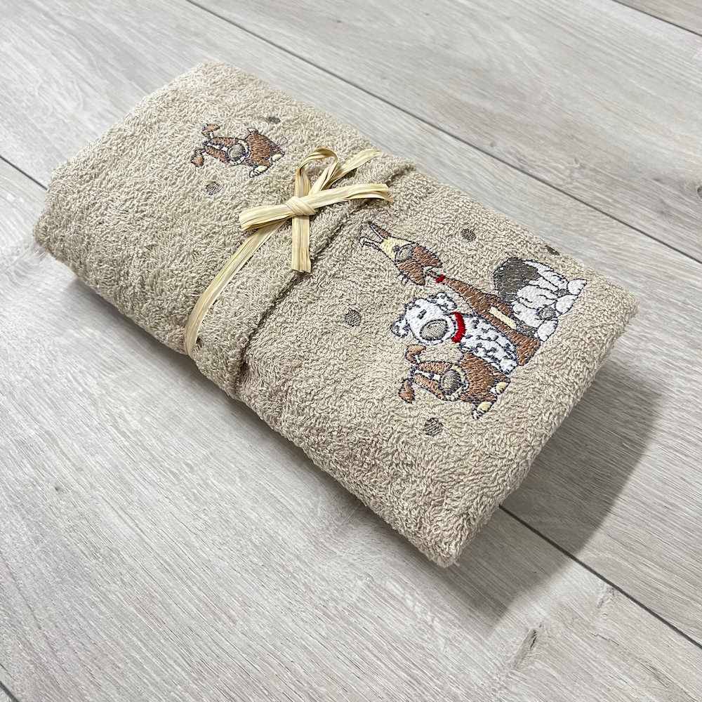 Coppia asciugamani cagnolini ricamati tortora