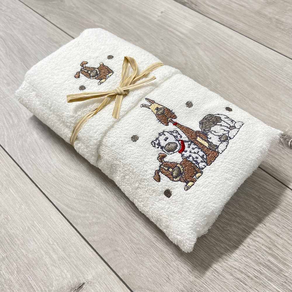 Coppia asciugamani Cani ricamati bianco