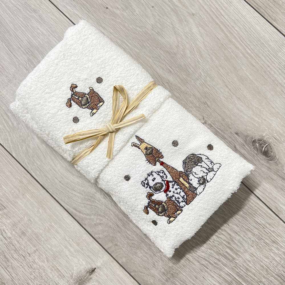 Coppia asciugamani Cani ricamati bianco