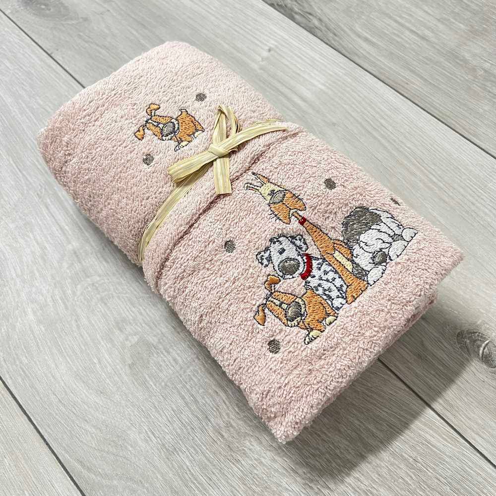Coppia asciugamani Cani ricamati rosa