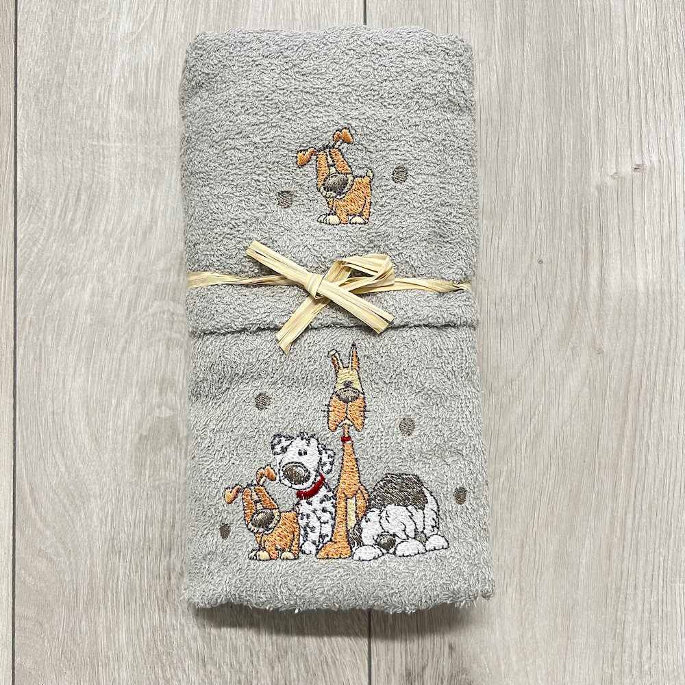Coppia asciugamani cagnolini ricamati grigio