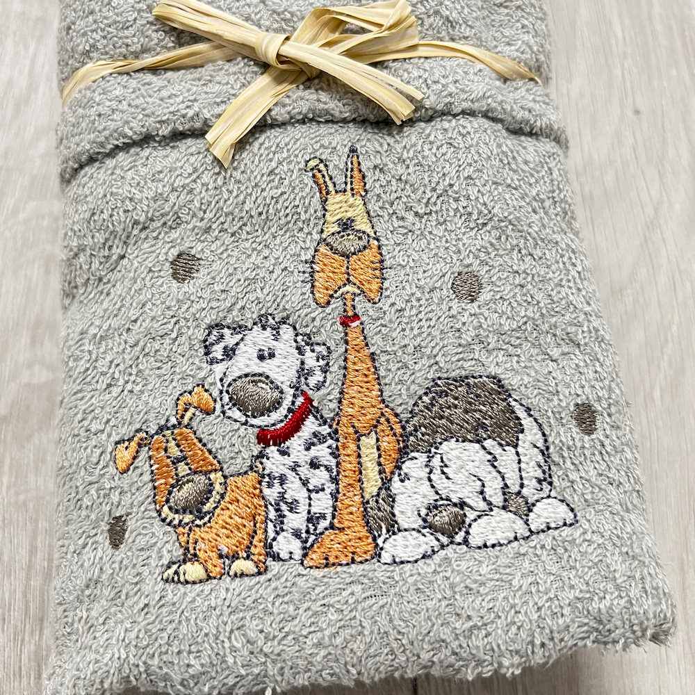 Coppia asciugamani cagnolini ricamati grigio