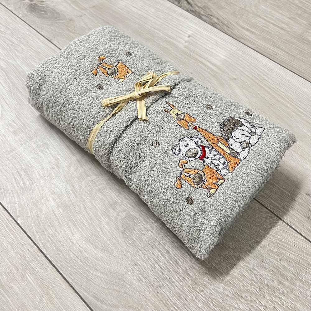 Coppia asciugamani cagnolini ricamati grigio