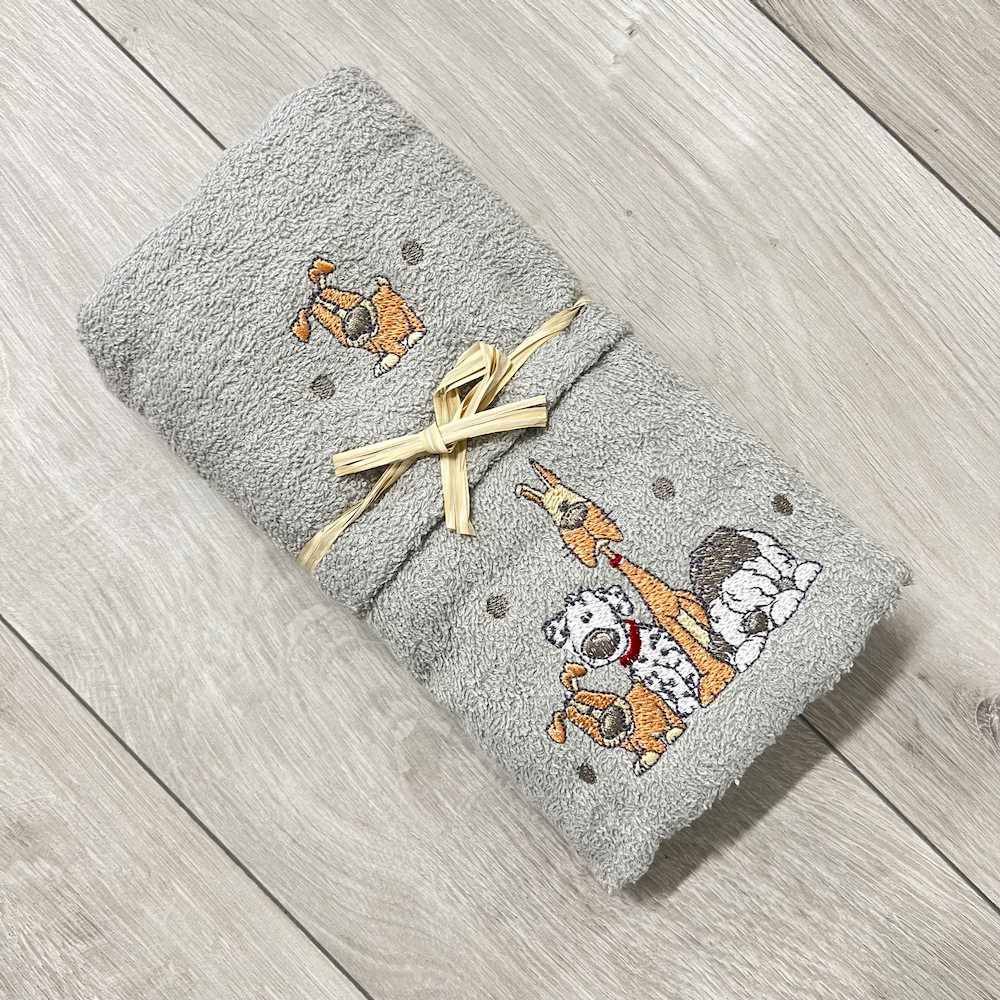 Coppia asciugamani cagnolini ricamati grigio