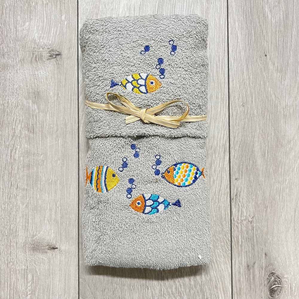 Coppia asciugamani pesciolini arcobaleno ricamati grigio