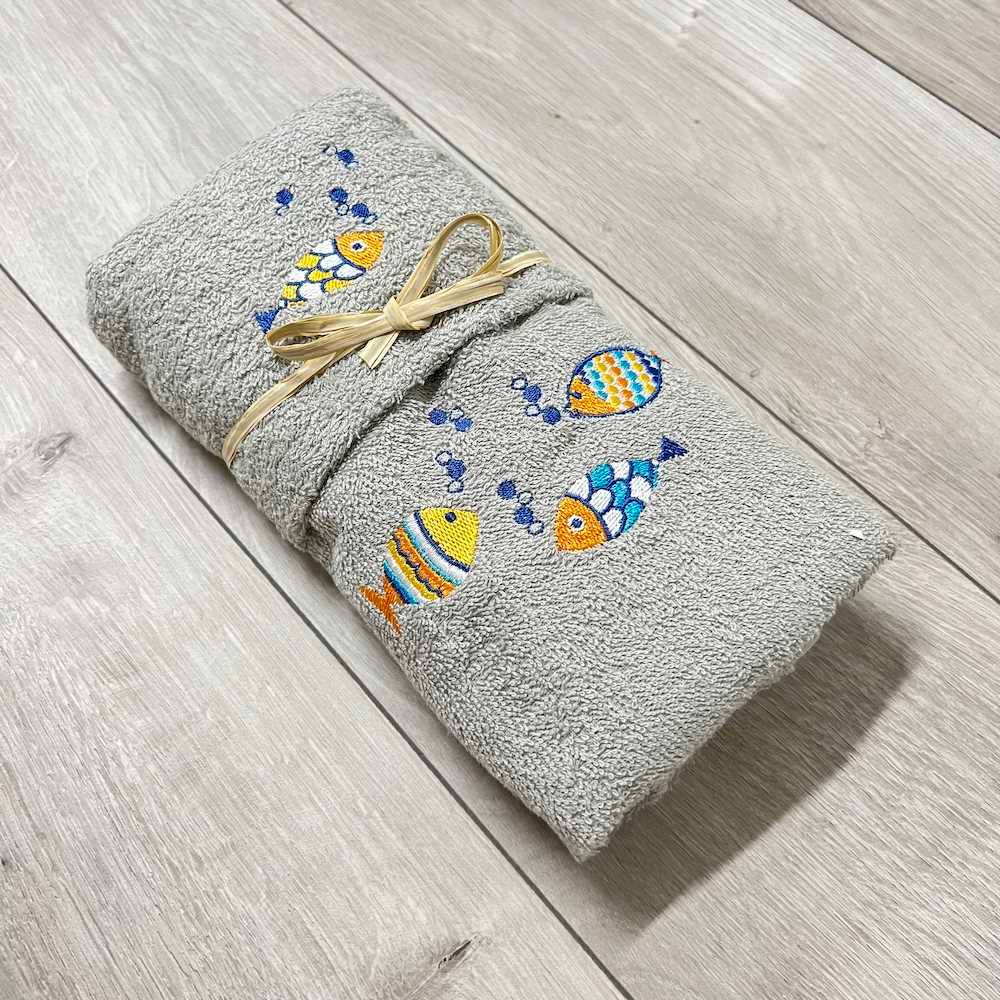 Coppia asciugamani pesciolini arcobaleno ricamati grigio