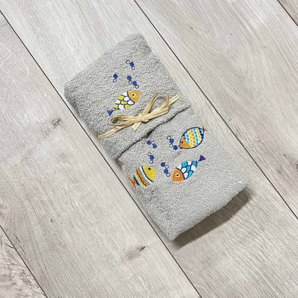 Coppia asciugamani pesciolini arcobaleno ricamati grigio