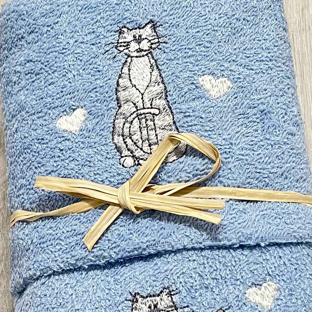Coppia asciugamani Gatti ricamati azzurro