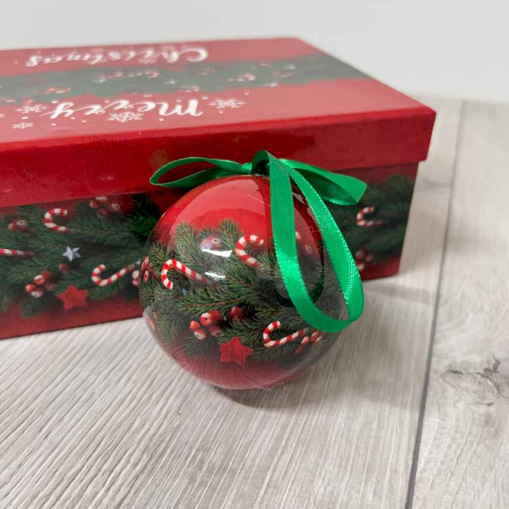 Confezione 6 palle natalizie aghi di pino diametro 8 cm con scatola