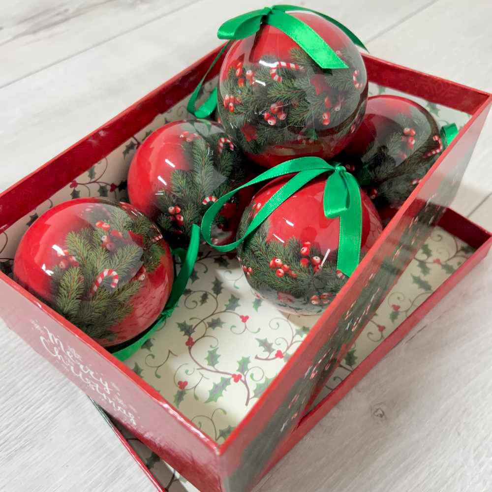 Confezione 6 palle natalizie aghi di pino diametro 8 cm con scatola