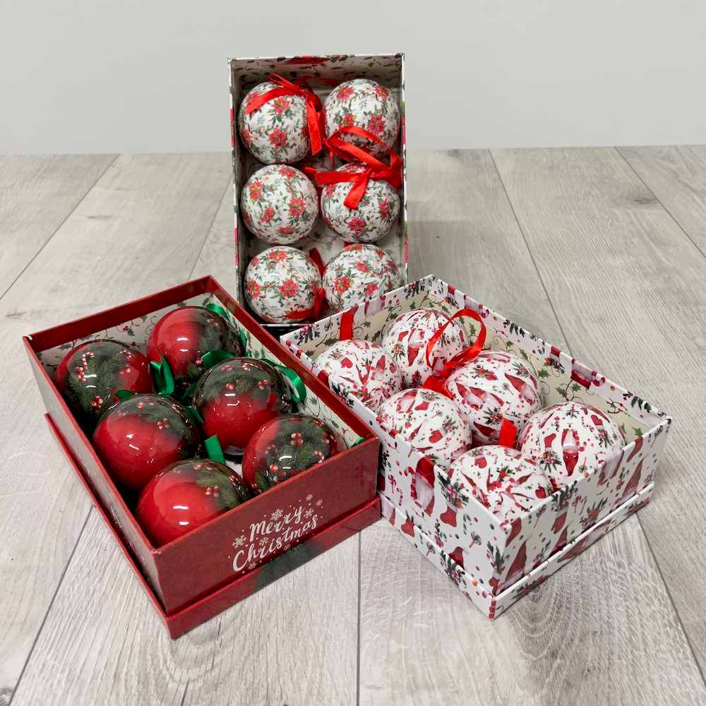 Confezione 6 palle natalizie aghi di pino diametro 8 cm con scatola