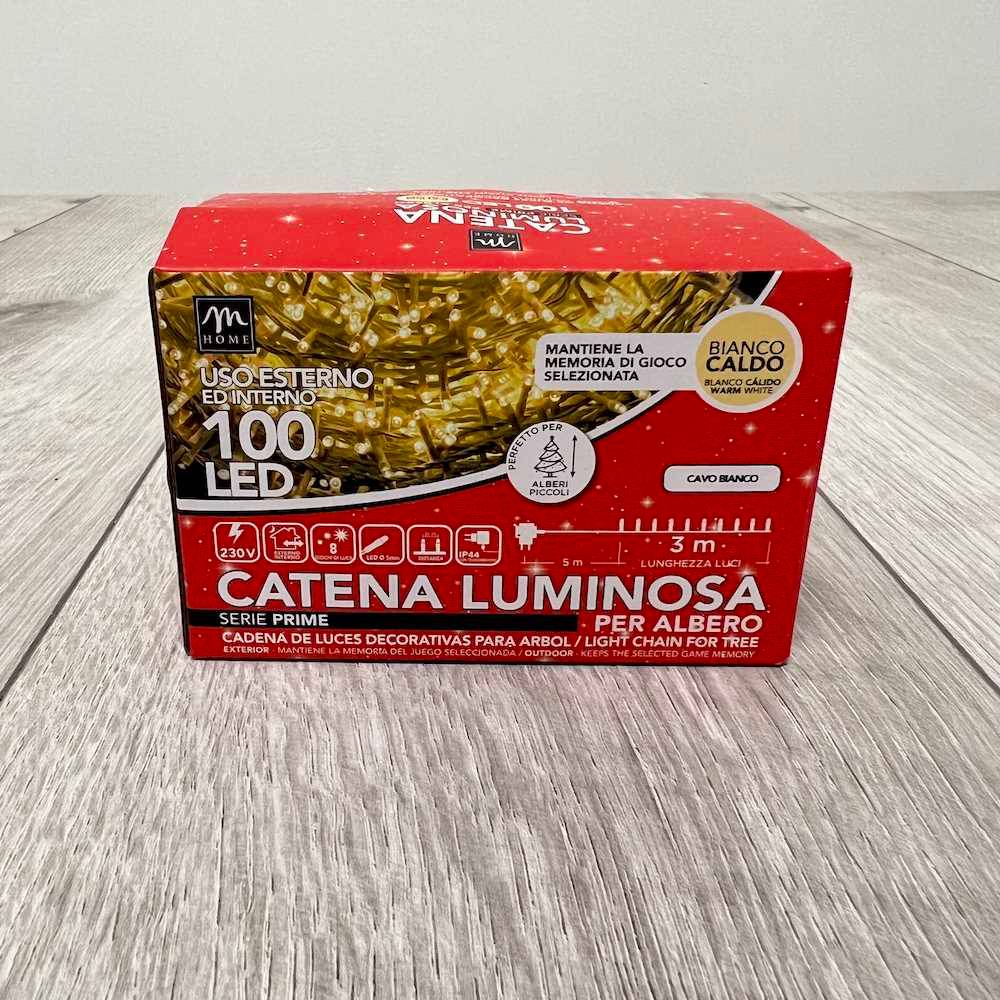 Catena luminosa interno/esterno bianco caldo 100 led filo bianco