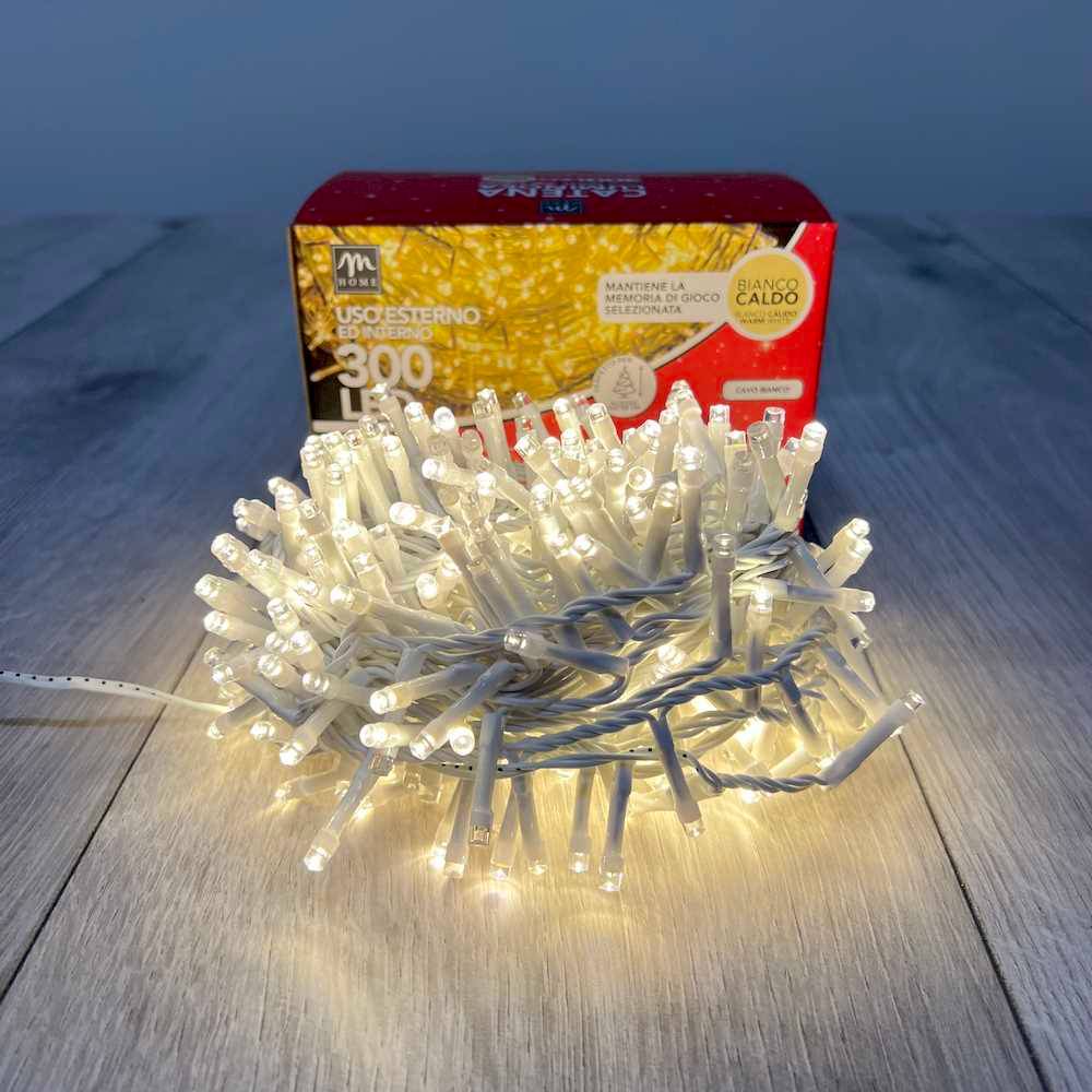 Catena luminosa interno/esterno bianco caldo 100 led filo bianco