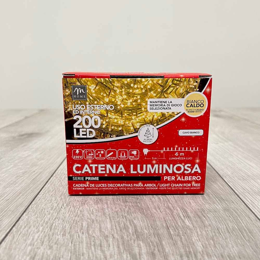 Catena luminosa interno/esterno bianco caldo 200 led filo bianco