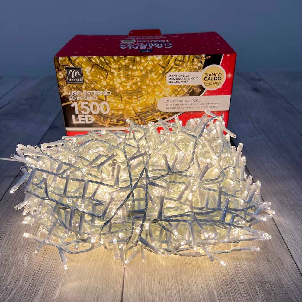 Catena luminosa interno/esterno bianco caldo 200 led filo bianco