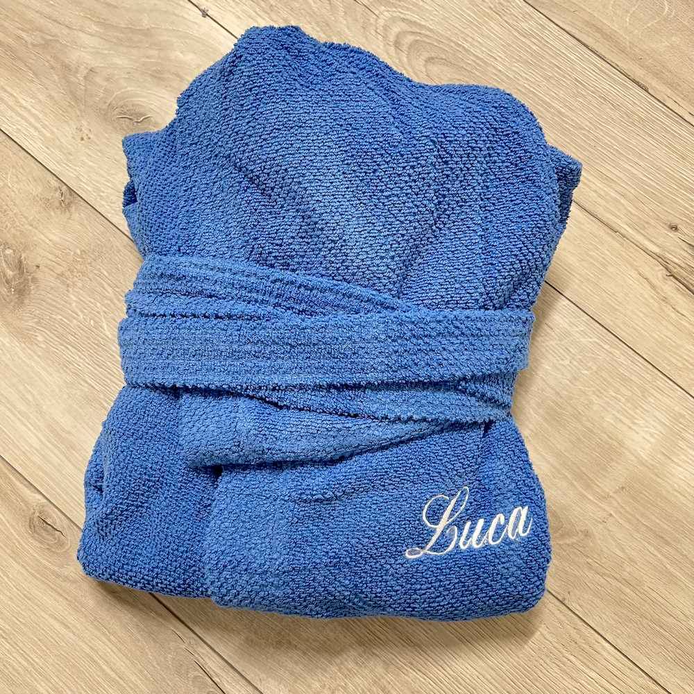 Accappatoio con cappuccio chicco di riso blu personalizzato