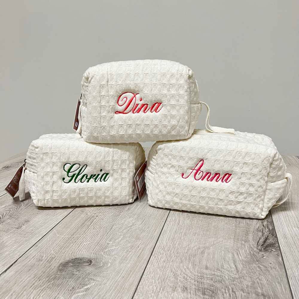 Pochette - beauty nido d' ape panna con zip personalizzata