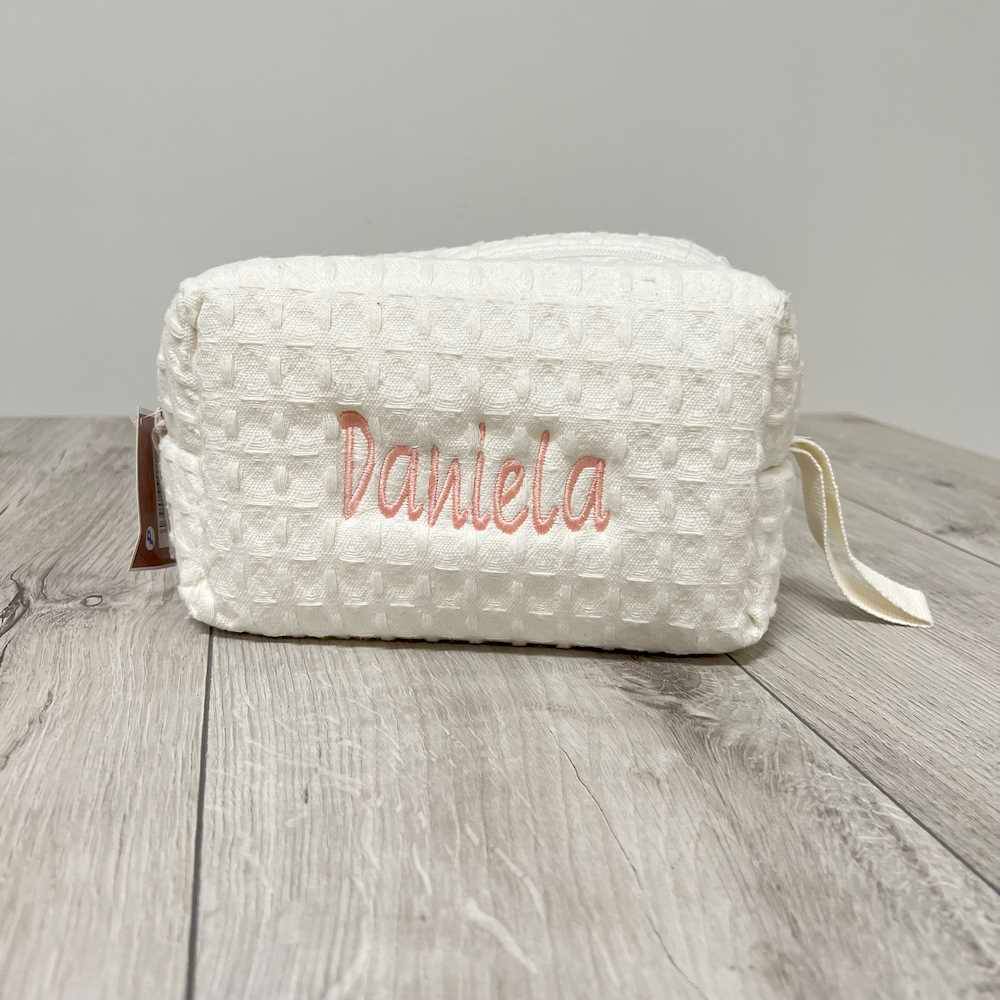Pochette - beauty nido d' ape panna con zip personalizzata