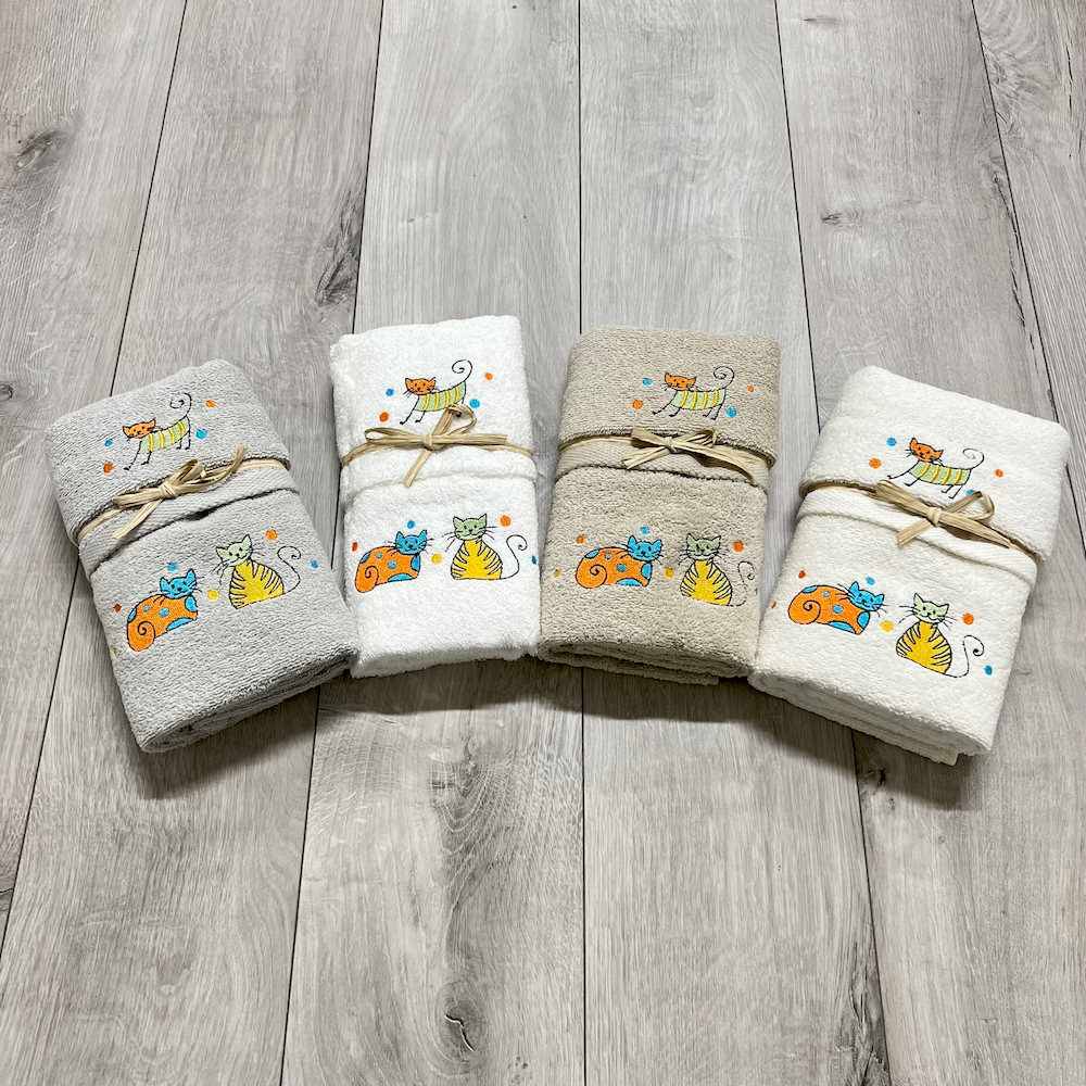 Coppia asciugamani balza ricamata Gatti arcobaleno tortora