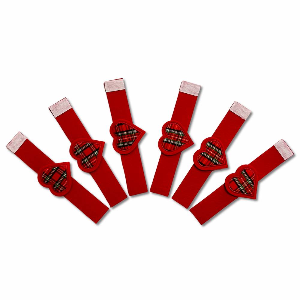 Set 6 portatovaglioli in pannolencio ricamato Cuore Tartan