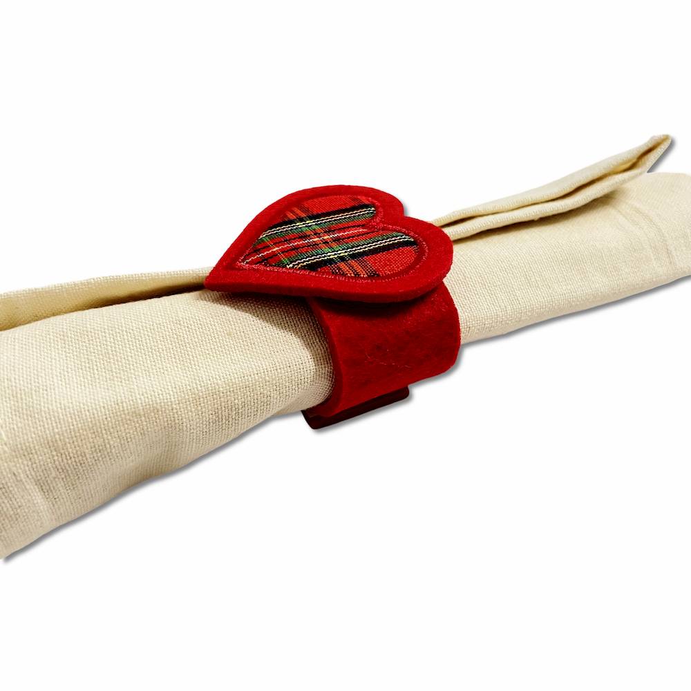 Set 6 portatovaglioli in pannolencio ricamato Cuore Tartan