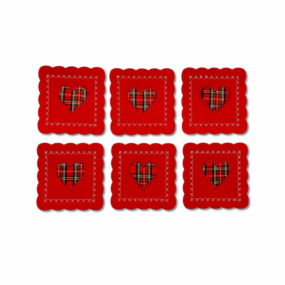 Set 6 sottobicchieri in pannolencio ricamato Cuore Tartan