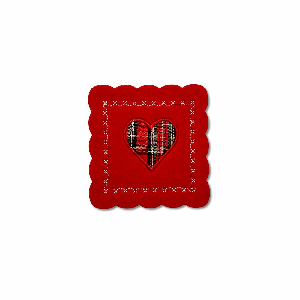 Set 6 sottobicchieri in pannolencio ricamato Cuore Tartan