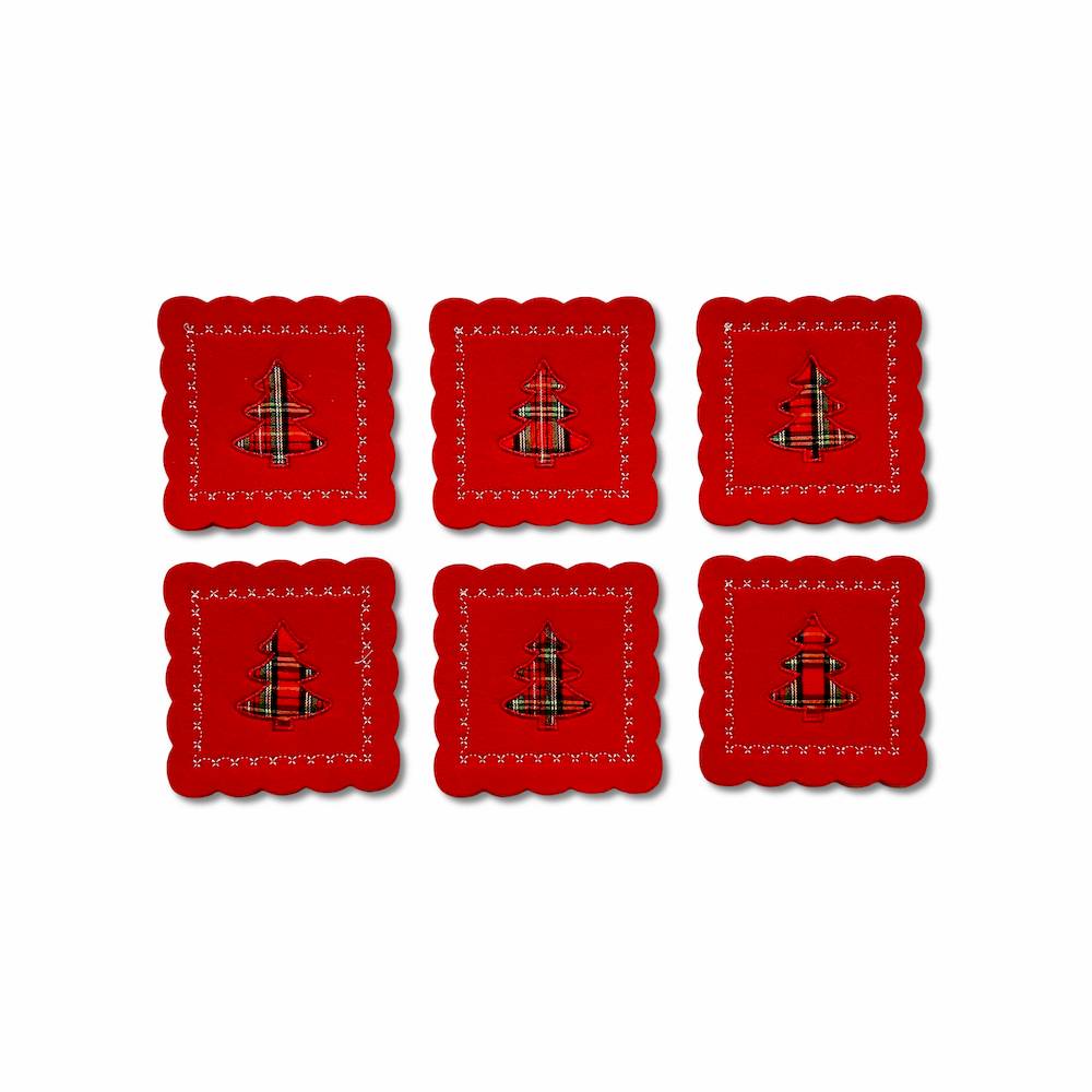 Set 6 sottobicchieri in pannolencio ricamato Albero Tartan