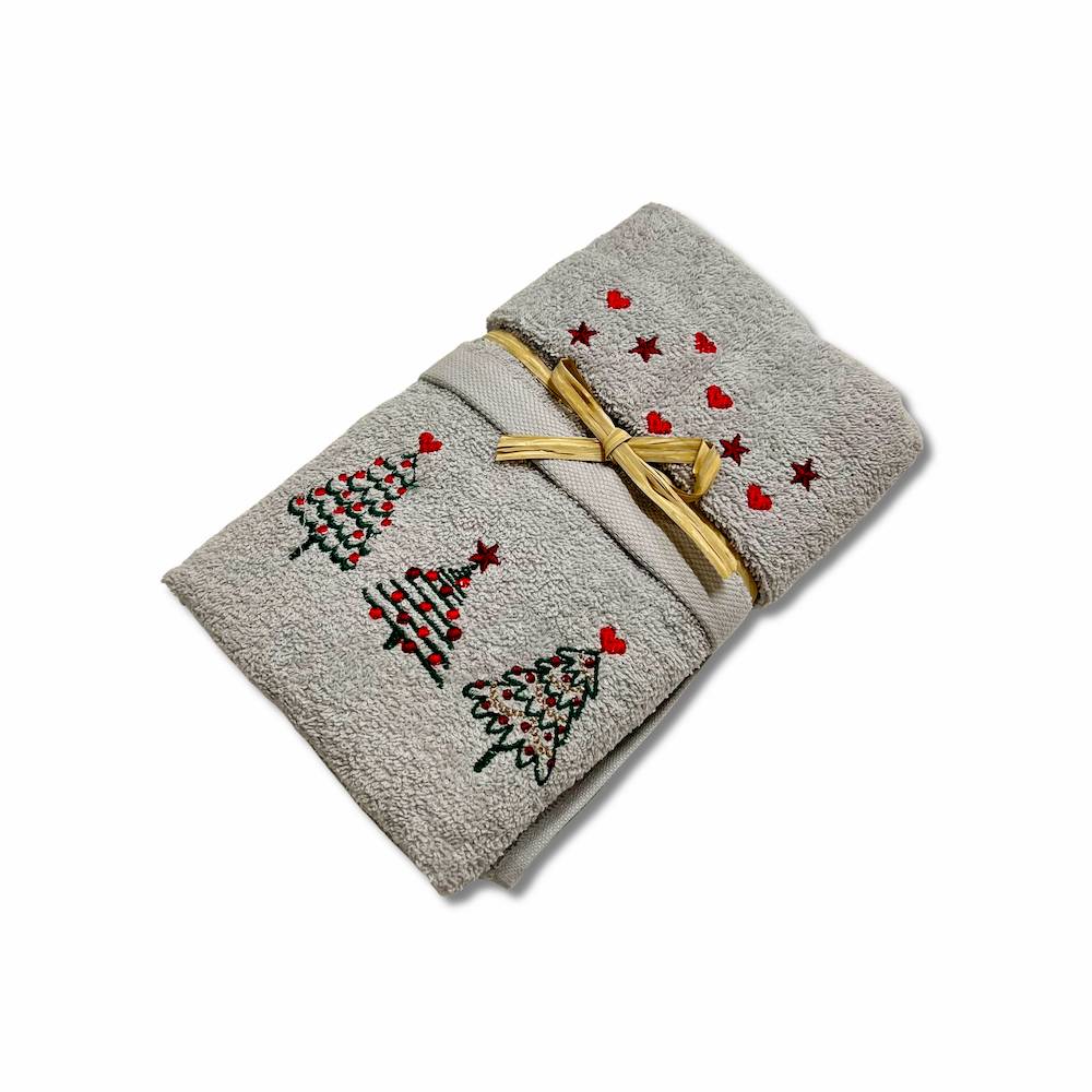 Coppia asciugamani Ricamati alberelli grigio
