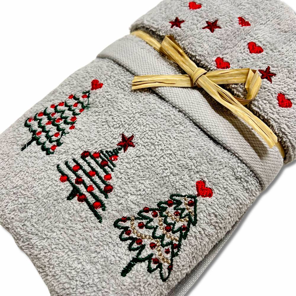 Coppia asciugamani Ricamati alberelli grigio