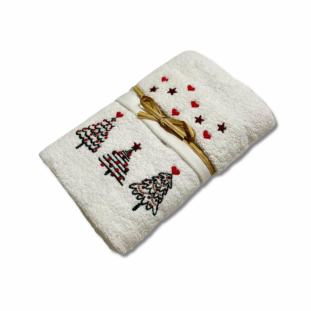 Coppia asciugamani Ricamati alberelli bianco