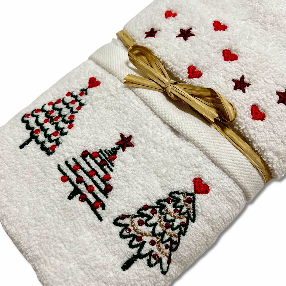 Coppia asciugamani Ricamati alberelli bianco