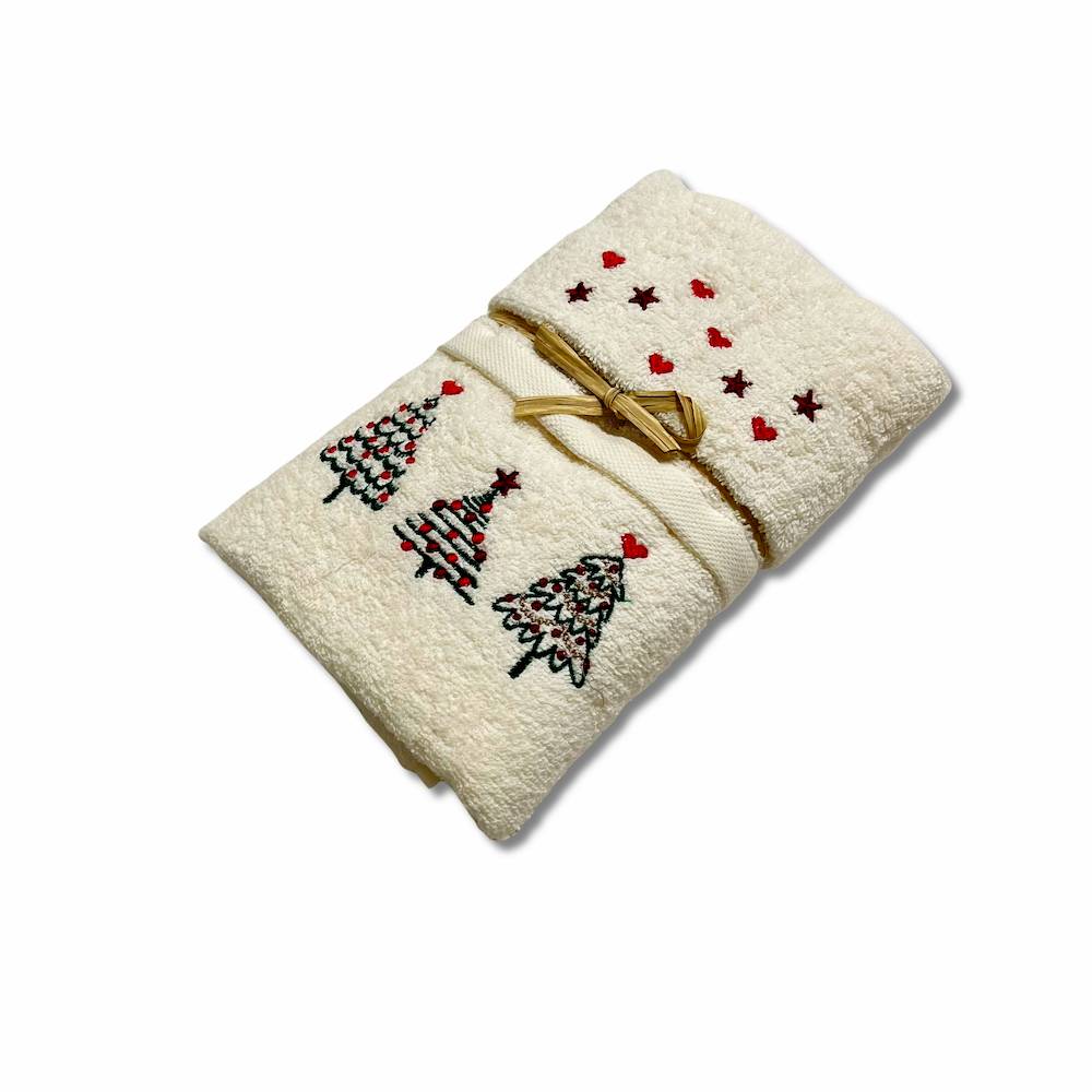 Coppia asciugamani Ricamati alberelli panna