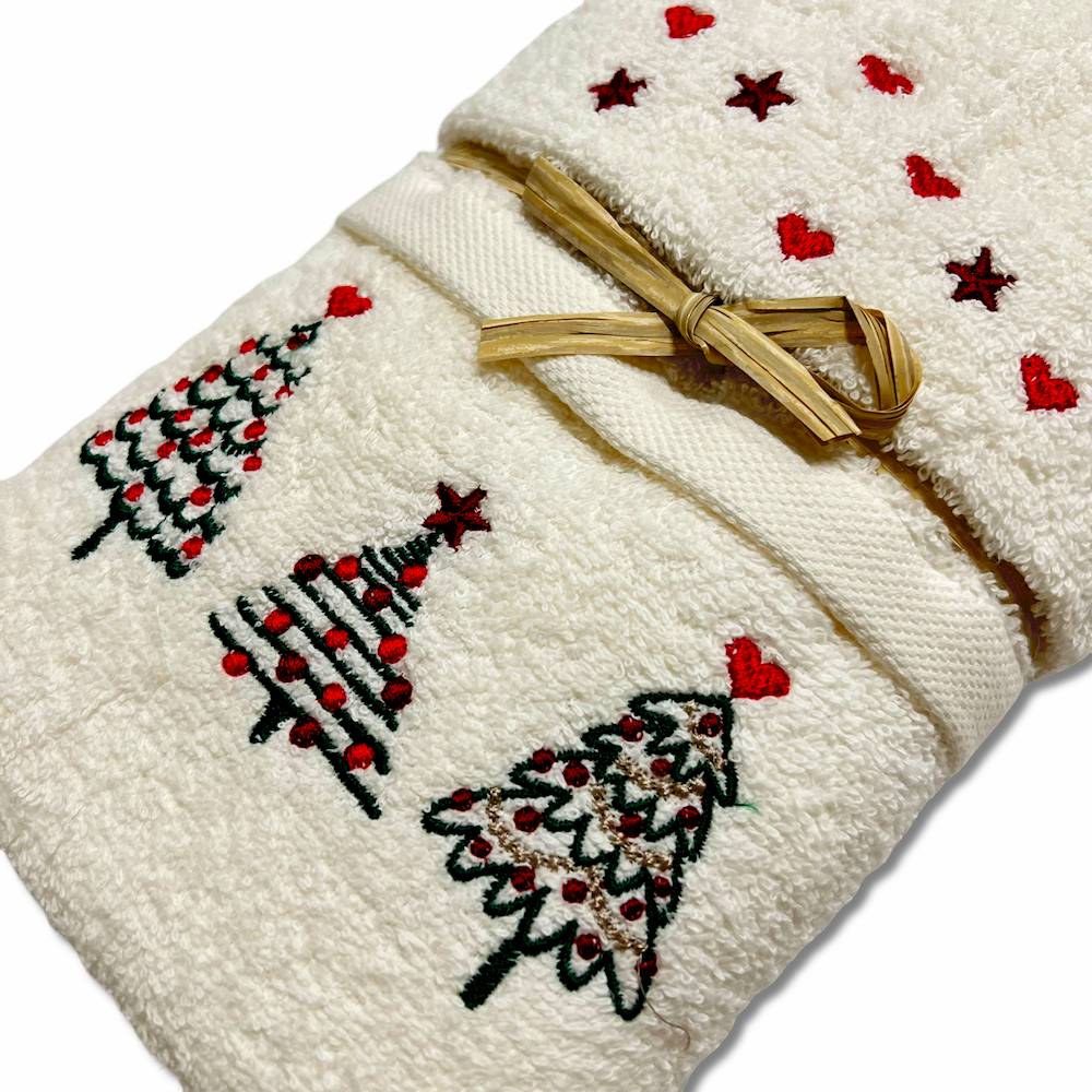 Coppia asciugamani Ricamati alberelli panna