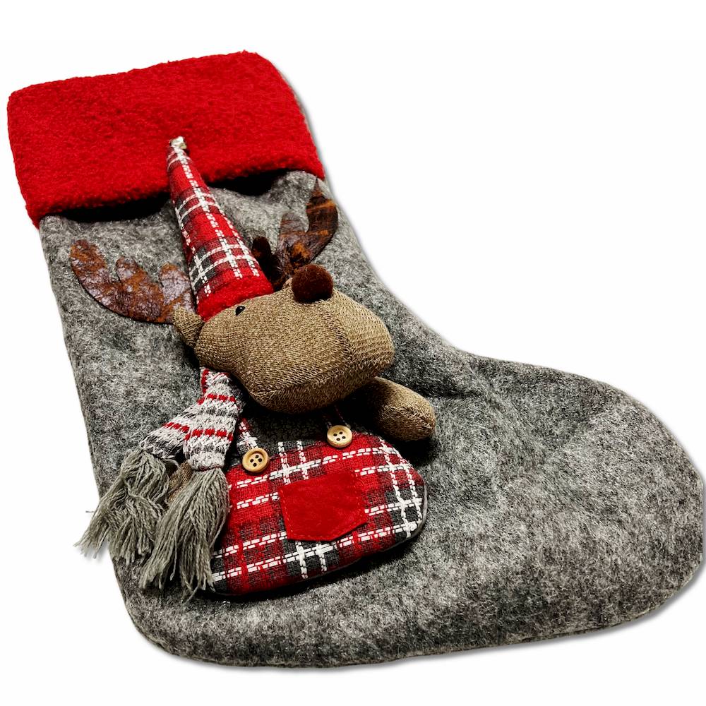 Calza di natale Renna grigia bordo rosso