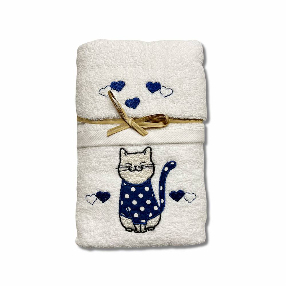 Coppia asciugamani Gattone ricamato blu su bianco