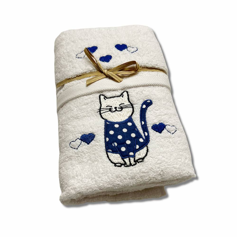 Coppia asciugamani Gattone ricamato blu su bianco