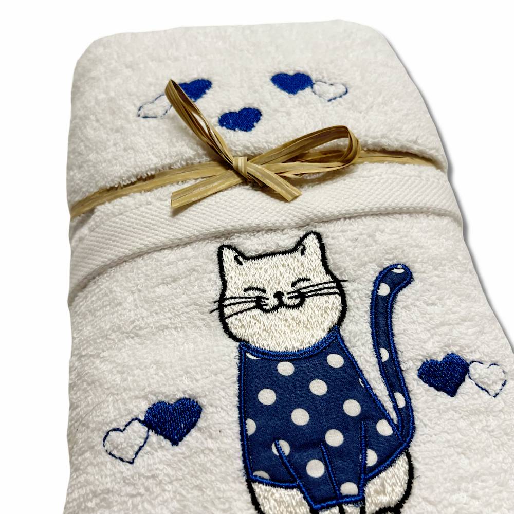 Coppia asciugamani Gattone ricamato blu su bianco