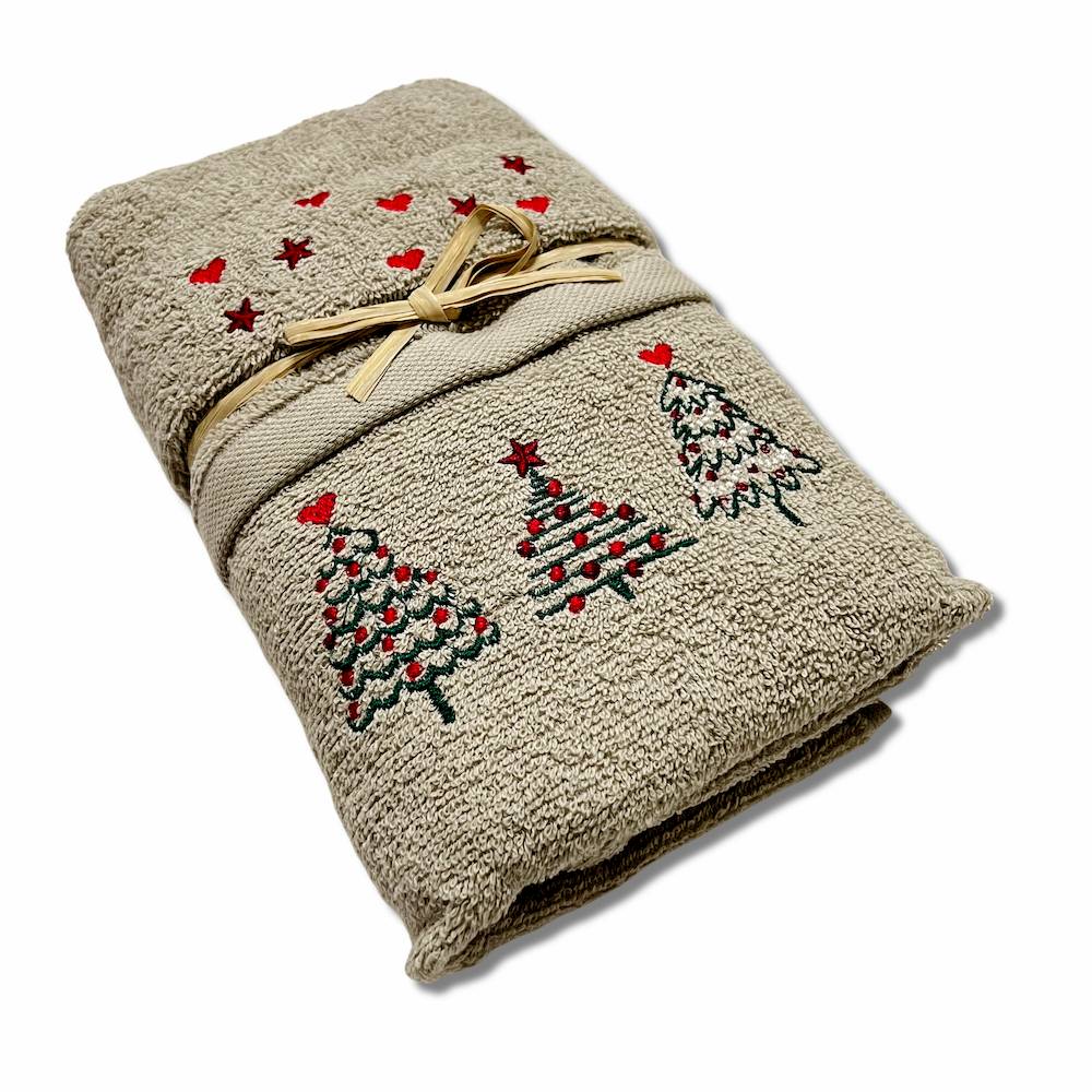 Coppia asciugamani Ricamati alberelli Tortora