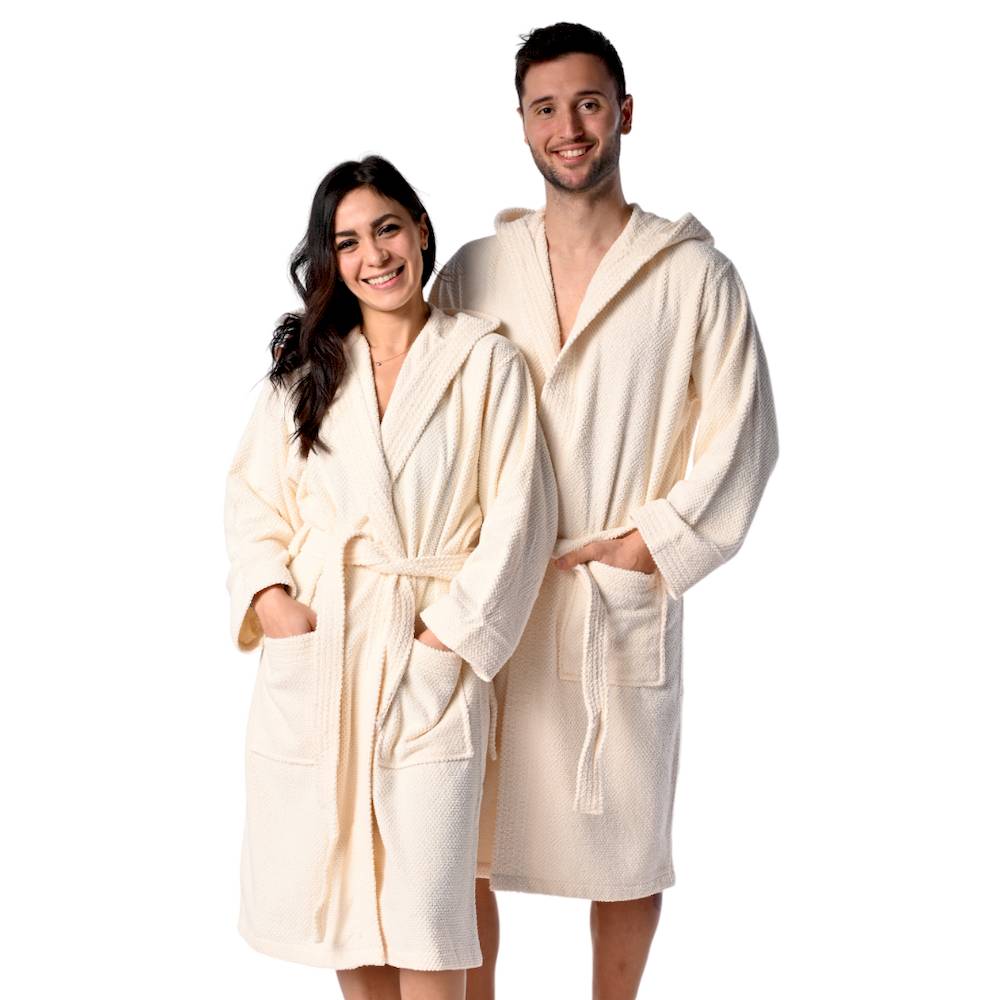 Accappatoio con cappuccio chicco di riso panna