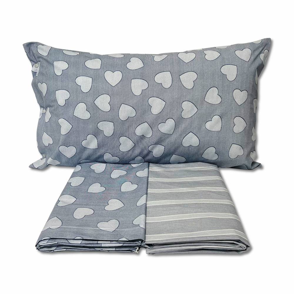 Completo Lenzuola Dream cuoricini e righe azzurro matrimoniale
