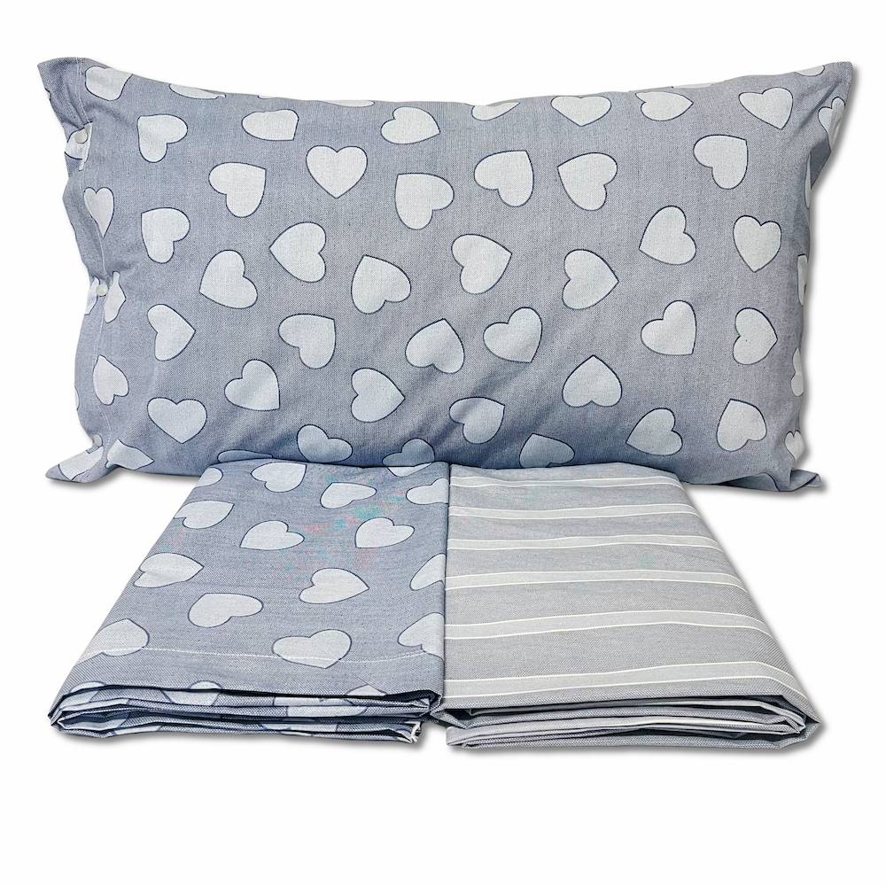 Completo Lenzuola Dream cuoricini e righe azzurro matrimoniale