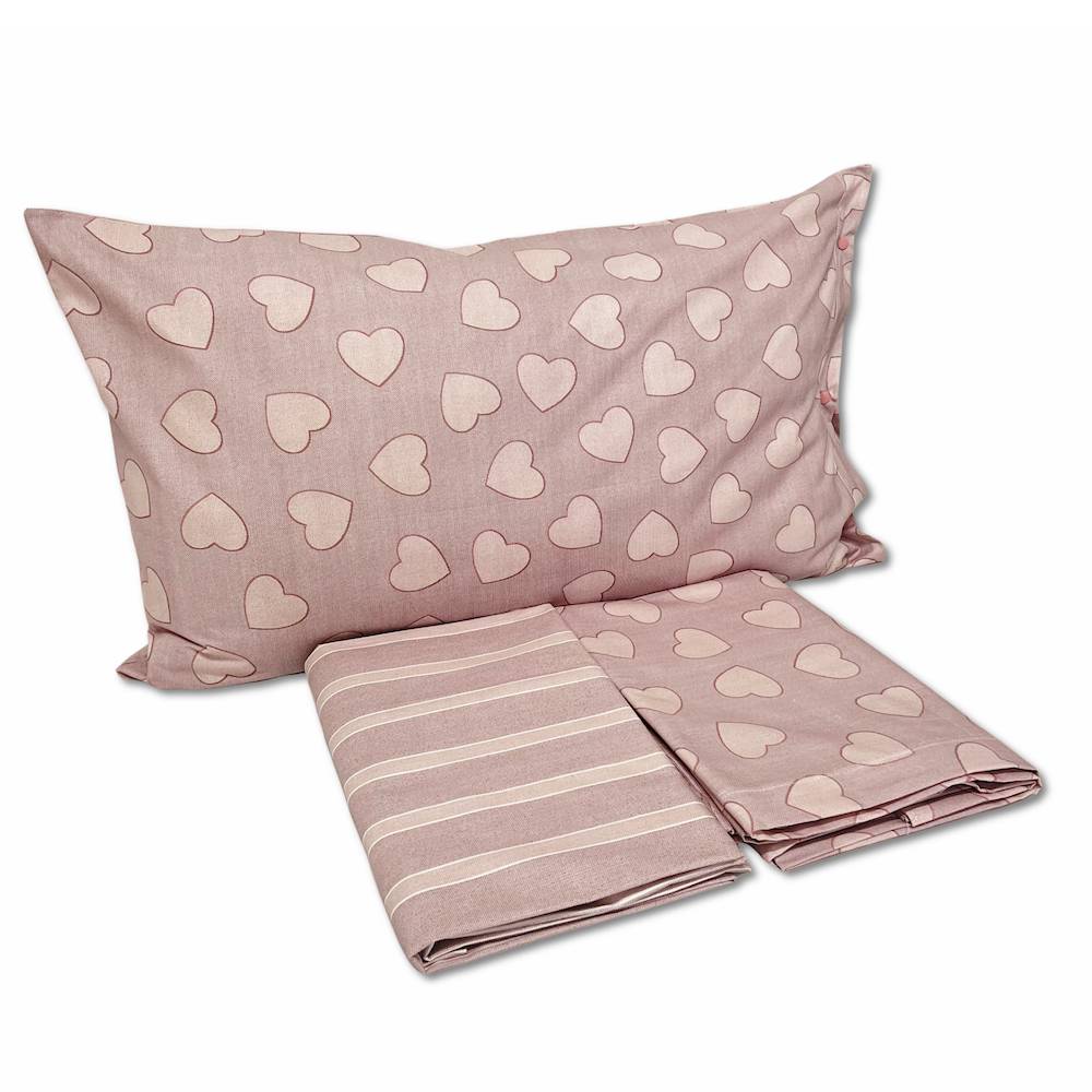 Completo Lenzuola Dream cuoricini e righe rosa matrimoniale