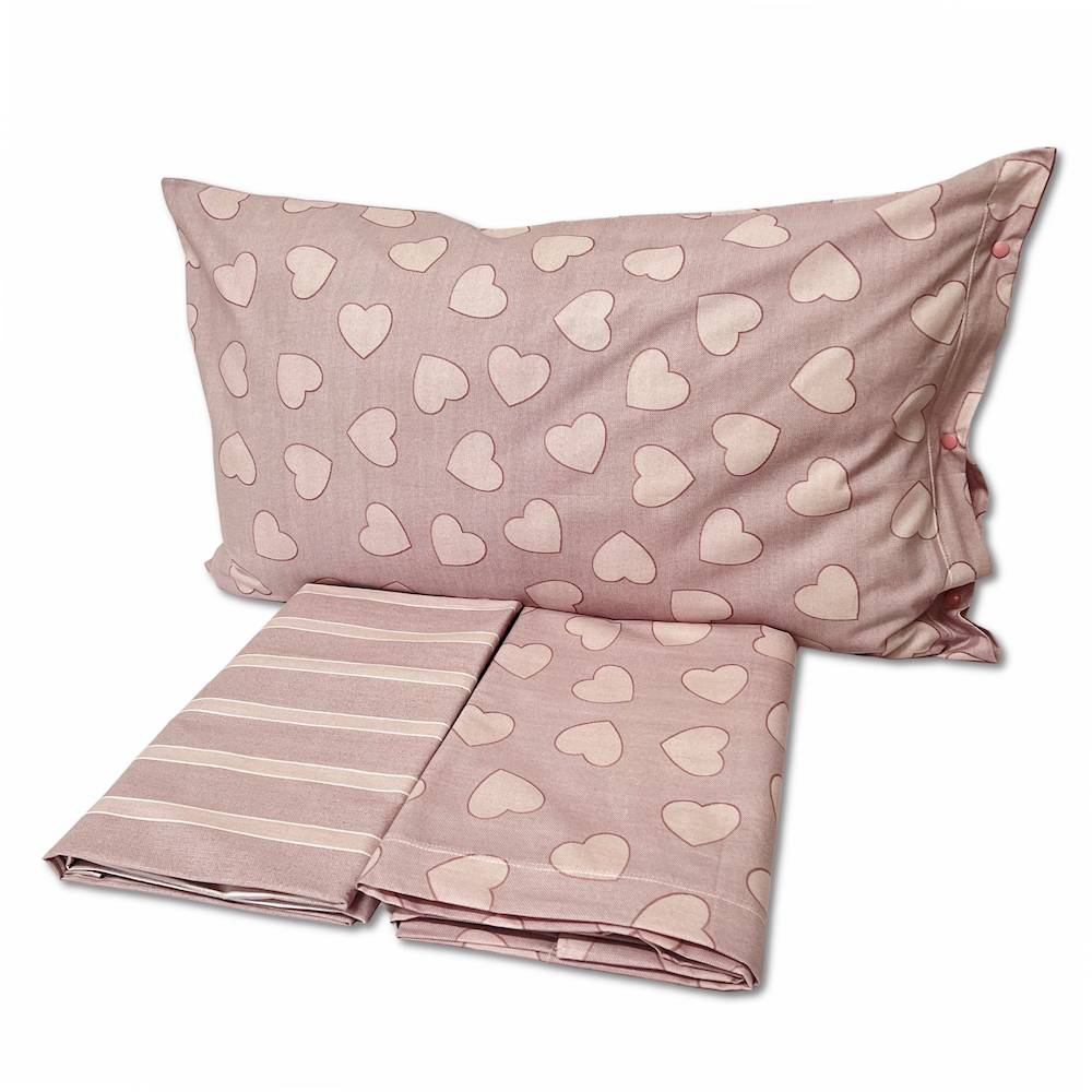 Completo Lenzuola Dream cuoricini e righe rosa matrimoniale